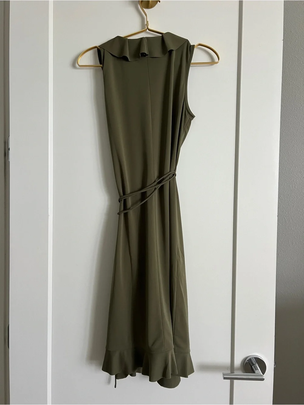 J.Crew Frost Olive Ruffle Wrap Dress Size Petite Small Sleeveless Knee Length